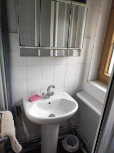 een badkamer met een witte wastafel en een spiegel bij La cour du manoir in Heuland