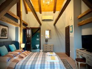 1 dormitorio con 1 cama y TV en Kiss-Henézi Guest House Mád Tokaj, en Mád