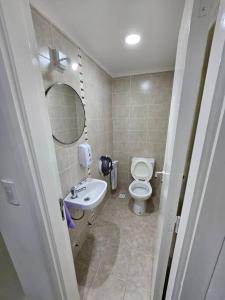 a bathroom with a toilet and a sink and a mirror at A estrenar a mts de la playa in Mar del Plata