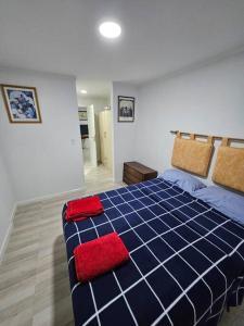 a bedroom with a blue bed with two red pillows at A estrenar a mts de la playa in Mar del Plata