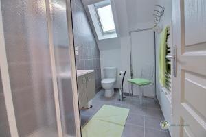a small bathroom with a toilet and a shower at Vers le port in Créhen +24 photos
