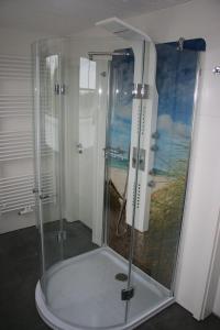Petersdorf auf FehmarnにあるFerienhaus-Meereslustのバスルーム(ガラス張りのシャワー付)が備わります。