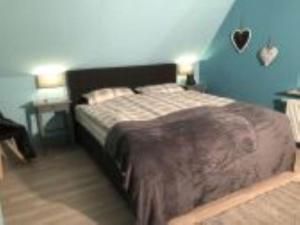 ein Schlafzimmer mit einem Bett und einer blauen Wand in der Unterkunft Ferienhaus Meereslust in Petersdorf auf Fehmarn