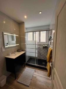 ein Bad mit einer Dusche und einem Waschbecken in der Unterkunft Loft à deux pas de la plage in Dunkerque