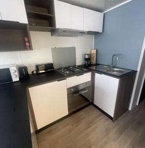 a small kitchen with white cabinets and a sink at Mobil Home Palmiers 1 in Valras-Plage