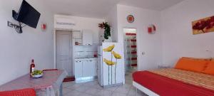 a room with a kitchen with a bed and a refrigerator at Monolocale sul Lungomare San Foca in San Foca