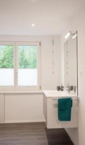 - une salle de bains blanche avec lavabo et 2 fenêtres dans l'établissement Ferienwohnung Brandholz - b48310, à Ebnat