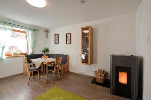 a living room with a table and a fireplace at Appartements Nagl Nassereith in Nassereith