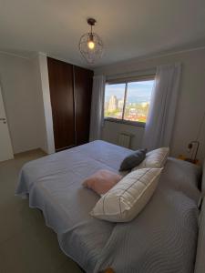 a bedroom with a bed with pillows and a window at Departamento espacioso en Salta in Salta