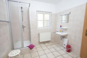 La salle de bains est pourvue d'une douche et d'un lavabo. dans l'établissement Ferienwohnung Nexö, 85 qm, 3 Schlafzimmer N2, à Ilsenburg