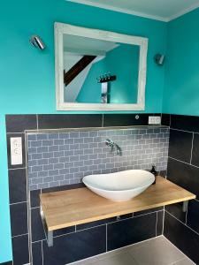 a bathroom with a sink and a mirror at Ferienwohnung für die ganze Familie (Hunde willkommen!) in Zehdenick