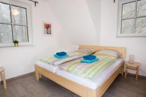 - une chambre avec un lit et 2 serviettes bleues dans l'établissement Ferienhäuser Ilsestein Einzelhaus, 130 qm, 4 Schlafzimmer, à Ilsenburg