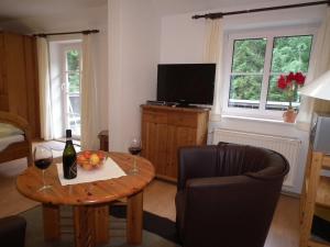 een woonkamer met een tafel en twee glazen wijn bij Ferienwohnung Nexö 25 qm, 1 Wohn-Schlafzimmer N7 in Ilsenburg