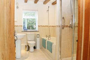 ein Badezimmer mit Toilette, Waschbecken und Dusche in der Unterkunft Beachside holiday home in Saint Merryn + 20 Fotos