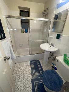 a bathroom with a shower and a toilet and a sink at Comfy apartment in Hollis