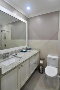 Un baño con inodoro, lavabo y espejo. en Secluded Ravinia Gem in Kingston 6, en Kingston