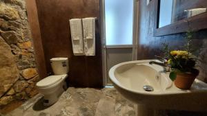 a bathroom with a sink and a toilet and a window at Rock n Fall Nature Resort in Ella