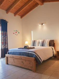 Un dormitorio con una cama con una lámpara encima. en VILLA ANDORINHA with Private Pool in a quiet area, en Aljezur