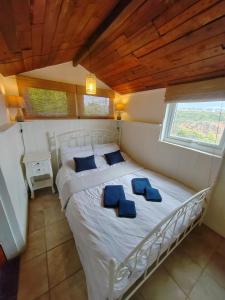 a bedroom with a bed with blue pillows on it at Unique coastal detached property in Truro +9 photos