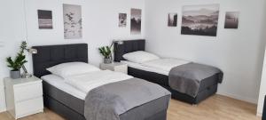 two beds in a room with white walls at Hotel Meyer in Bergheim