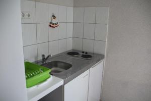 cocina pequeña con fregadero y fogones en Ferienhaus Mecklenburgische Seenplatte, 