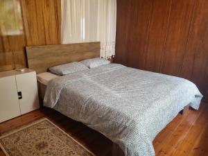 sypialnia z łóżkiem i drewnianą podłogą w obiekcie Villa in Trilofos-close to the beach w Salonikach