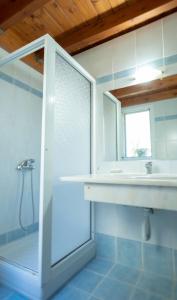 W łazience znajduje się umywalka, prysznic i lustro. w obiekcie Olive Τrees Garden w Lixoúrion