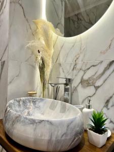 a bathroom with a large marble sink in front of a mirror at Villa Pelahia in Slavske