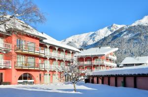 蒂羅爾州塞弗爾德的住宿－Das Hotel Eden - Das Aktiv- & Wohlfühlhotel in Tirol auf 1200m Höhe，雪中建筑物,前面有一棵树