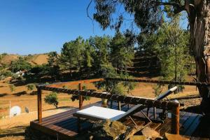 a bench on a wooden deck with a tree at Stunning fazenda w/ beautiful pool and privacy 