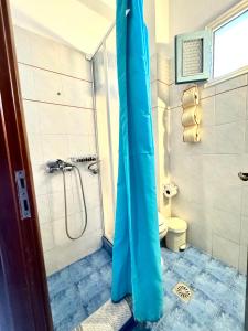 y baño con ducha y aseo. en Patras Rooms, en Fourni Ikarias