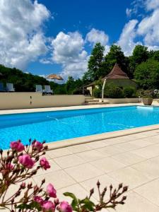 een zwembad met paarse bloemen voor een huis bij Domaine la Cabane luxe vakantiehuizen met zwembad in Dégagnac