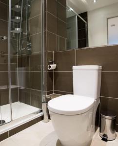 a bathroom with a toilet and a shower at Barbican Serviced Apartments in London