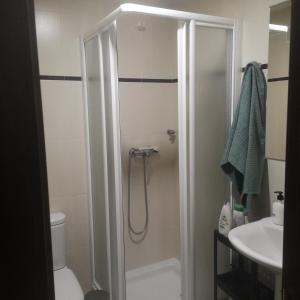 uma casa de banho com um chuveiro, um WC e um lavatório. em Céntrico apartamento en Corrubedo em Corrubedo