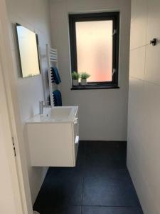 La salle de bains est pourvue d'un lavabo blanc et d'une fenêtre. dans l'établissement Groenlake Villa 16 - 6 persoons vakantie bungalow, à Ewijk
