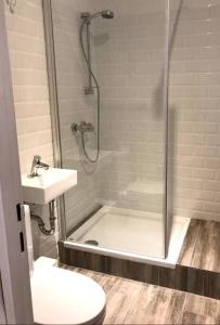 a bathroom with a shower and a toilet and a sink at Designer Central Apartment with Parking & Terrace in Berlin