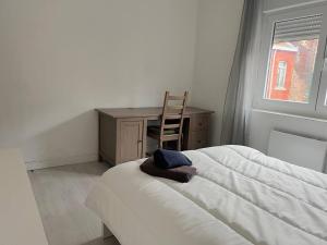 - une chambre avec un lit, un bureau et une chaise dans l'établissement Maison cosy 4 chambres proche toutes commodités, à Tourcoing