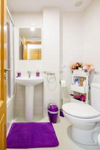 een badkamer met een toilet, een wastafel en een paars tapijt bij Pension Myriam O PEDROUZO in O Pedrouzo