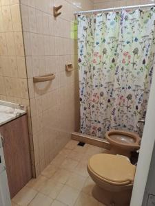 a bathroom with a toilet and a shower curtain at Chalet Abuela Betty in Tanti