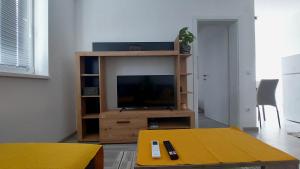 - un salon avec une télévision sur un centre de divertissement en bois dans l'établissement Apartman Iris Srebrno jezero, à Veliko Gradište