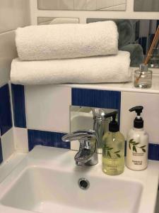 een wastafel in de badkamer met 2 flessen zeep en handdoeken bij Beautiful 2 bedroom garden flat in great location in Bristol