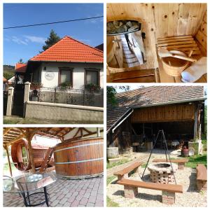 un collage de fotos de una casa y un banco en Korkóstoló Vendégházak en Aggtelek