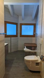 łazienka z toaletą i 2 oknami w obiekcie Alpenblick Leukerbad w mieście Leukerbad