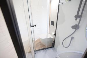 a bathroom with a glass shower with a toilet at Glamping Balú in Monesterio