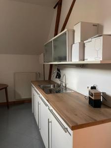 a kitchen with a sink and a counter top at Urige Dachgeschosswohnung, liebevoll renoviert in Ürzig