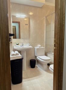 een badkamer met een toilet, een wastafel en een spiegel bij Rosende VUT in Arzúa