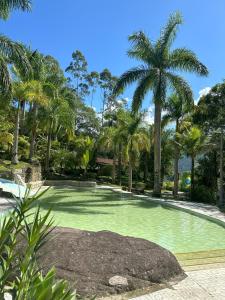 uma piscina com água verde e palmeiras em Pousada J Country em Sana