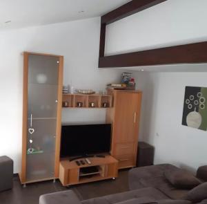 sala de estar con TV de pantalla plana y sofá en Henneliebe am Hennesee, en Meschede