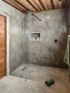 eine Dusche mit Glastür in einem Zimmer in der Unterkunft Steenbok farm cottages Kingfisher Cottage in Wolseley