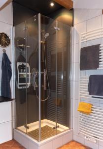a shower with a glass door in a bathroom at Moderne, gemütliche DG-Wohnung in ruhiger Lage in Neunburg vorm Wald
